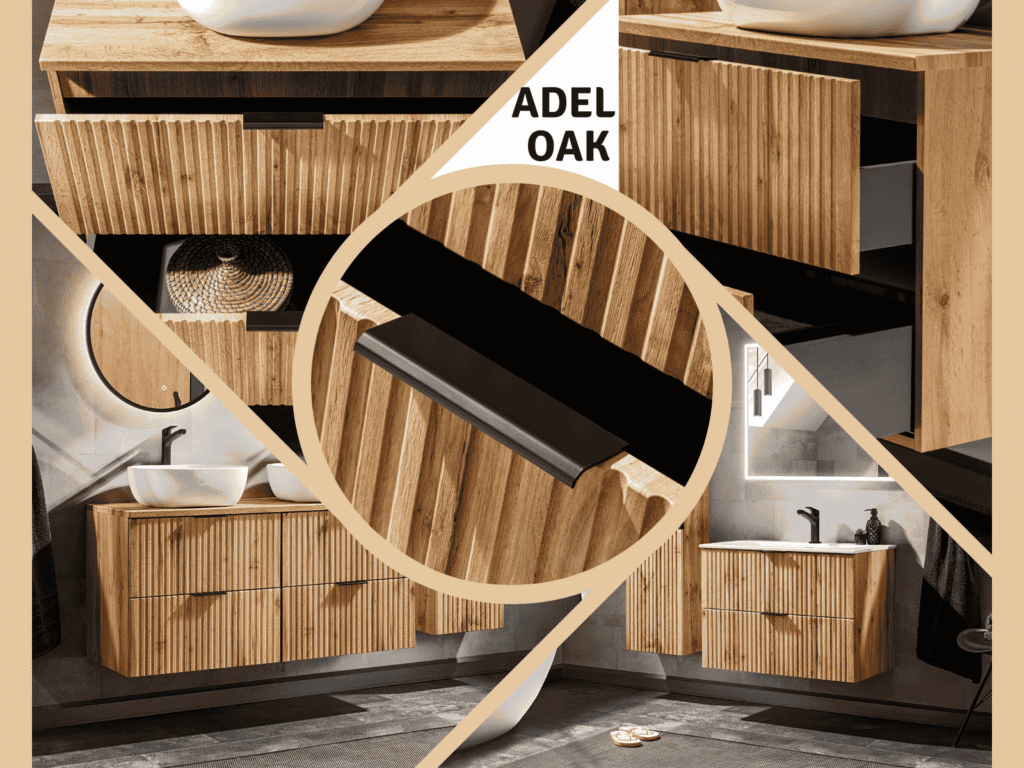 Oak Bathroom Furniture Set Wall Hung Vanity 600mm Countertop Sink Tall Storage Unit Fluted Oak Effect - Adel