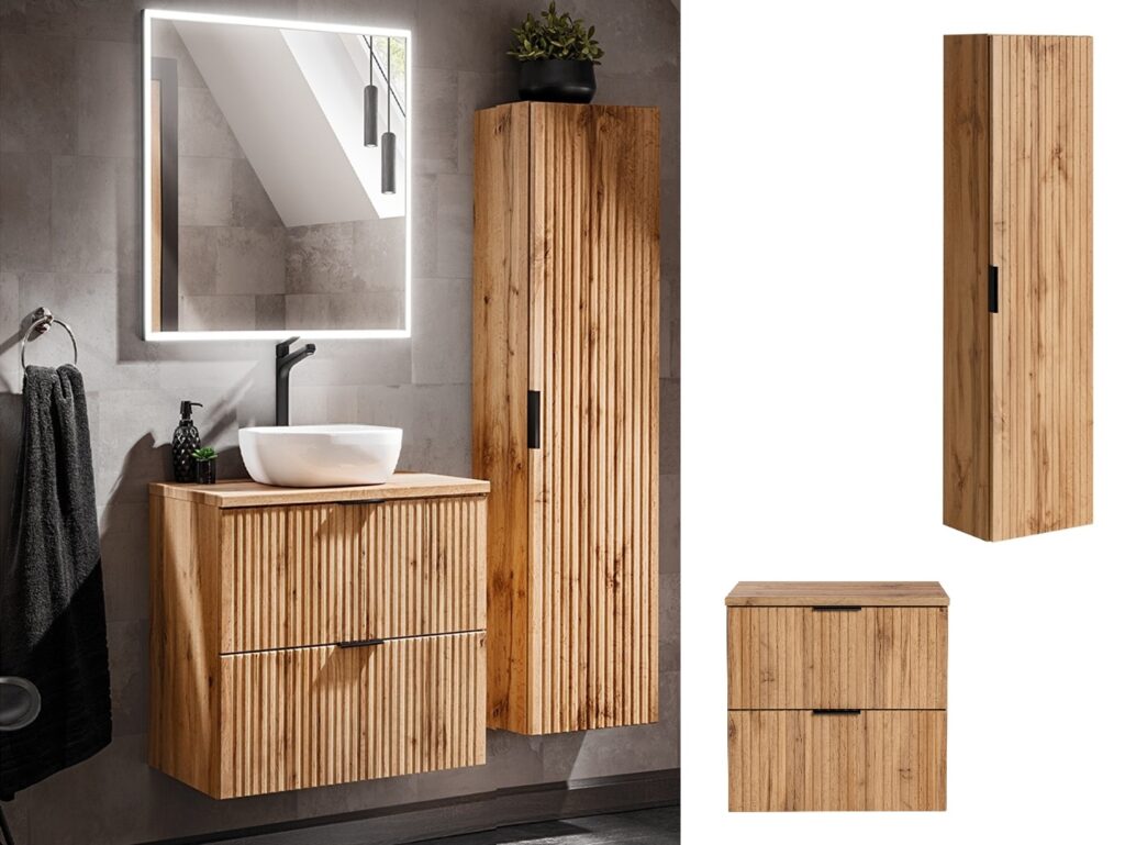 Oak Bathroom Furniture Set Wall Hung Vanity 600mm Countertop Tall Storage Unit Fluted Oak Effect - Adel