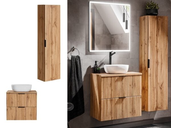 wall hung unit bathroom oak tall slim cabinet with ribbed fluted door adel roomshot with 600mm vanity and countertop sink Collage