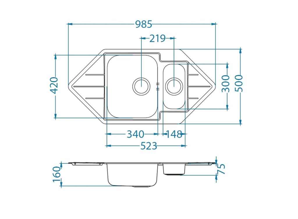 Corner Kitchen Sink With Drainer Drainboard 1.5 Bowl Stainless Steel 985 x 500mm Reversible Sink for Corner Unit