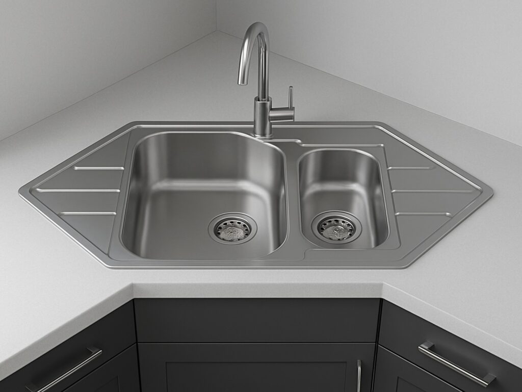 Corner Kitchen Sink With Drainer Drainboard 1.5 Bowl Stainless Steel 985 x 500mm Reversible Sink for Corner Unit