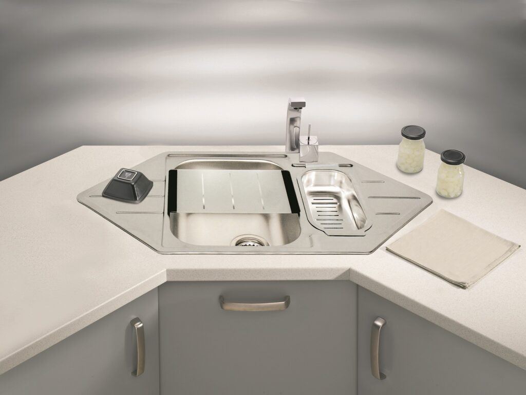 Corner Kitchen Sink With Drainer Drainboard 1.5 Bowl Stainless Steel 985 x 500mm Reversible Sink for Corner Unit