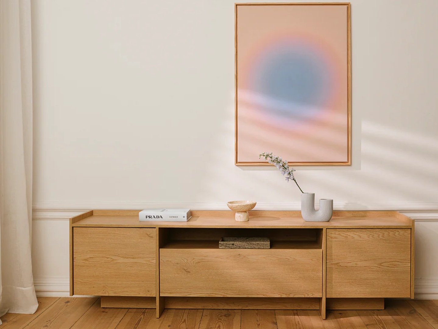 Extra Large TV Unit Storage Cabinet 200cm Modern Large Living Room Unit Washed Light Oak Handleless - Japandi