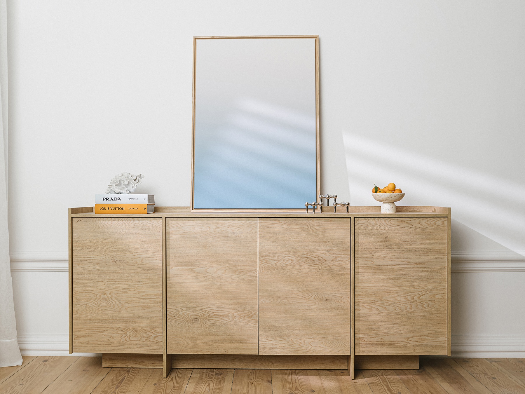 Extra Large Sideboard for Living Room 200cm Cabinet Storage Unit 4 Door Washed Light Oak Handleless - Japandi