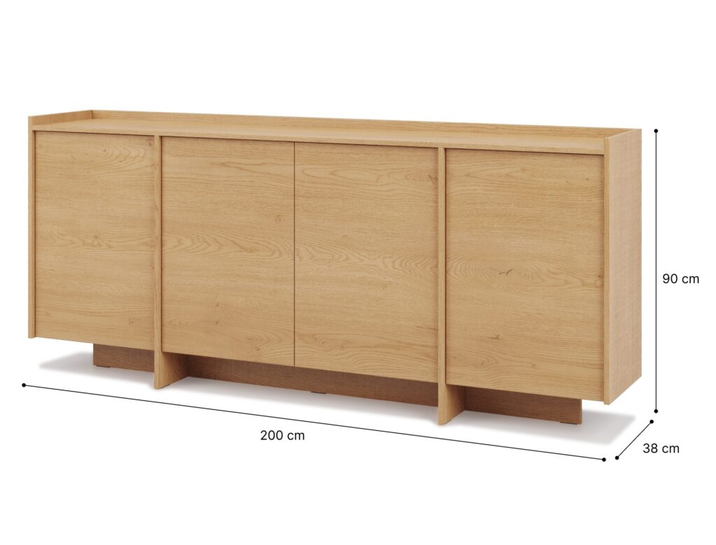 Extra Large Sideboard for Living Room 200cm Cabinet Storage Unit 4 Door Washed Light Oak Handleless - Japandi