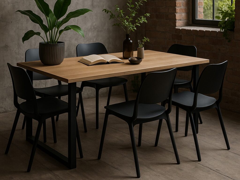 Industrial Dining Table 4 6 Seater Minimalist Compact Small Kitchen Table Black Metal Legs Slim Oak Top - Loft