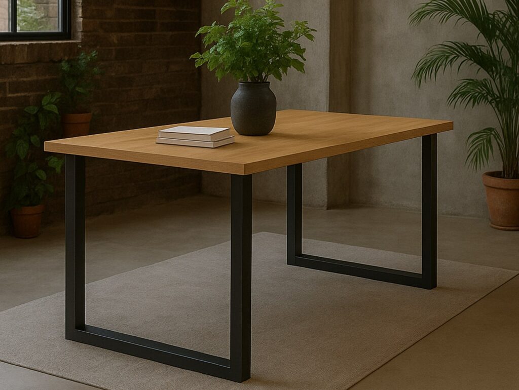 Industrial Dining Table 4 6 Seater Minimalist Compact Small Kitchen Table Black Metal Legs Slim Oak Top - Loft