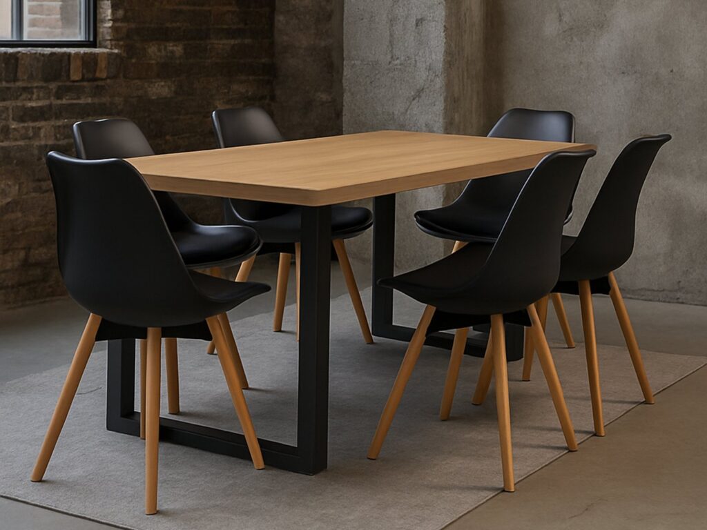 Industrial Dining Table 4 6 Seater Minimalist Compact Small Kitchen Table Black Metal Legs Slim Oak Top - Loft