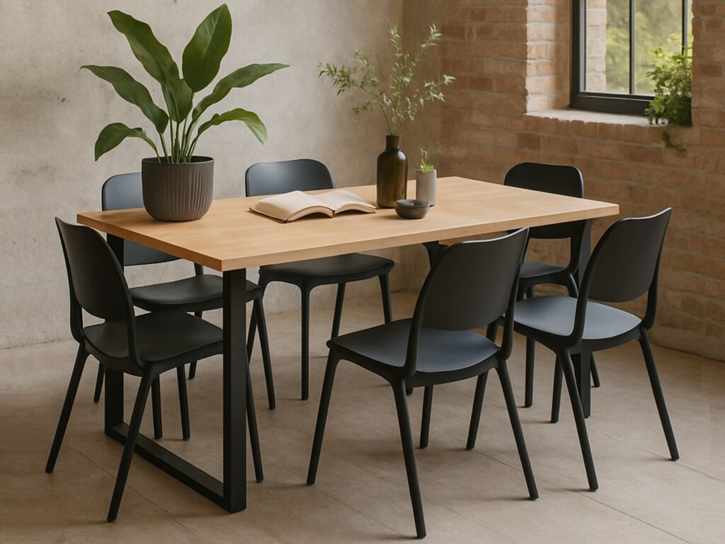 Industrial Dining Table 4 6 Seater Minimalist Compact Small Kitchen Table Black Metal Legs Slim Oak Top - Loft