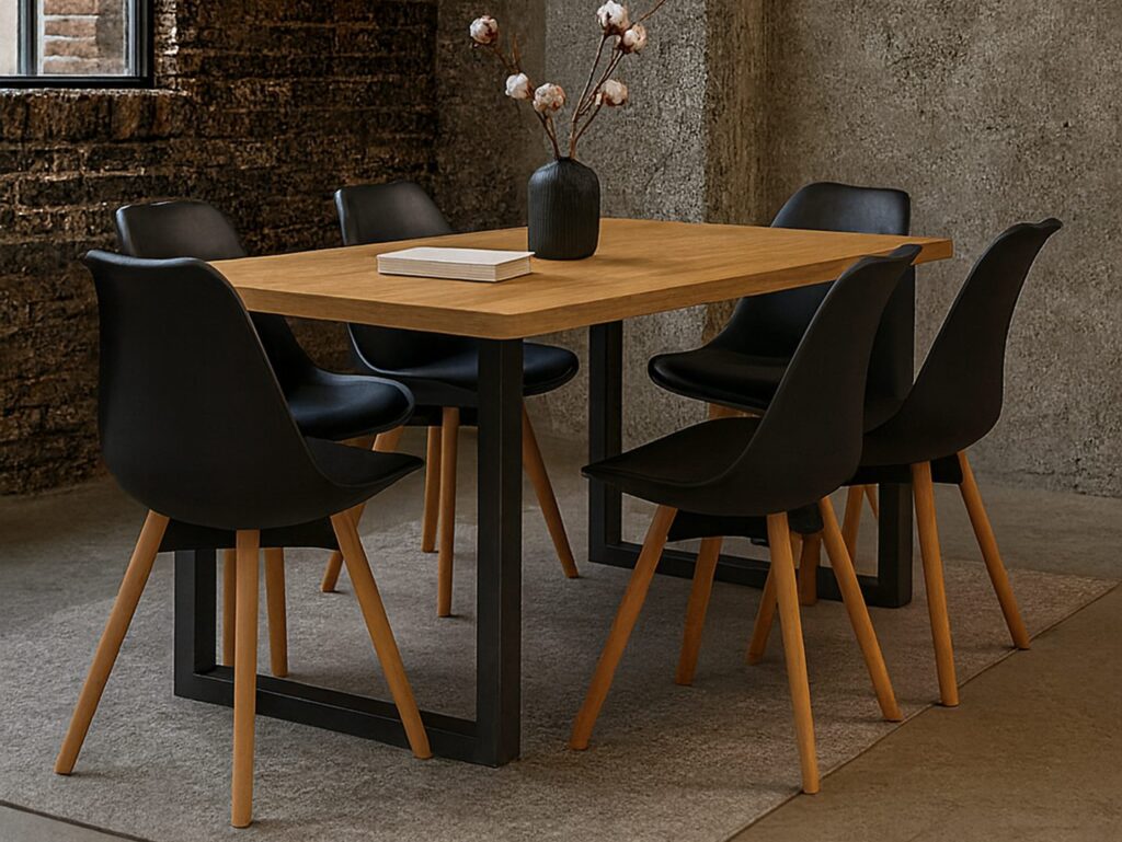 Industrial Dining Table 4 6 Seater Minimalist Compact Small Kitchen Table Black Metal Legs Slim Oak Top - Loft