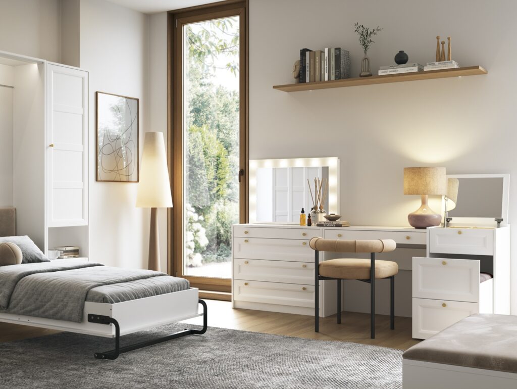 Narrow Dressing Table Stool with Storage Mirror Jewellery Box Small White Vanity Desk 50cm Unit Gold Handles - Rel