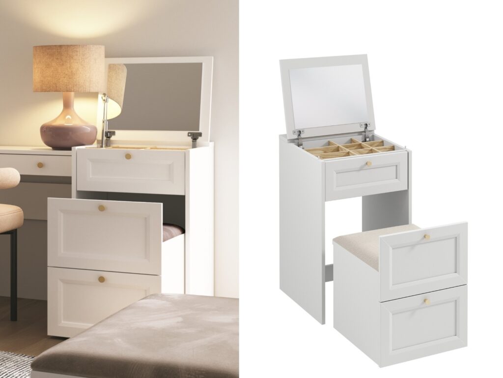Narrow Dressing Table Stool with Storage Mirror Jewellery Box Small White Vanity Desk 50cm Unit Gold Handles - Rel