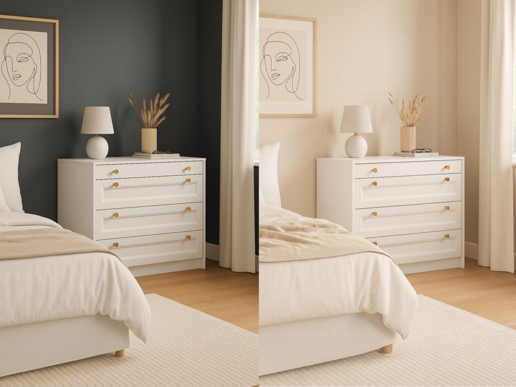 White Chest of Drawers Bedroom Storage Cabinet 4 Drawer 90cm Wide Compact Shaker Unit with Gold Handles - Rel