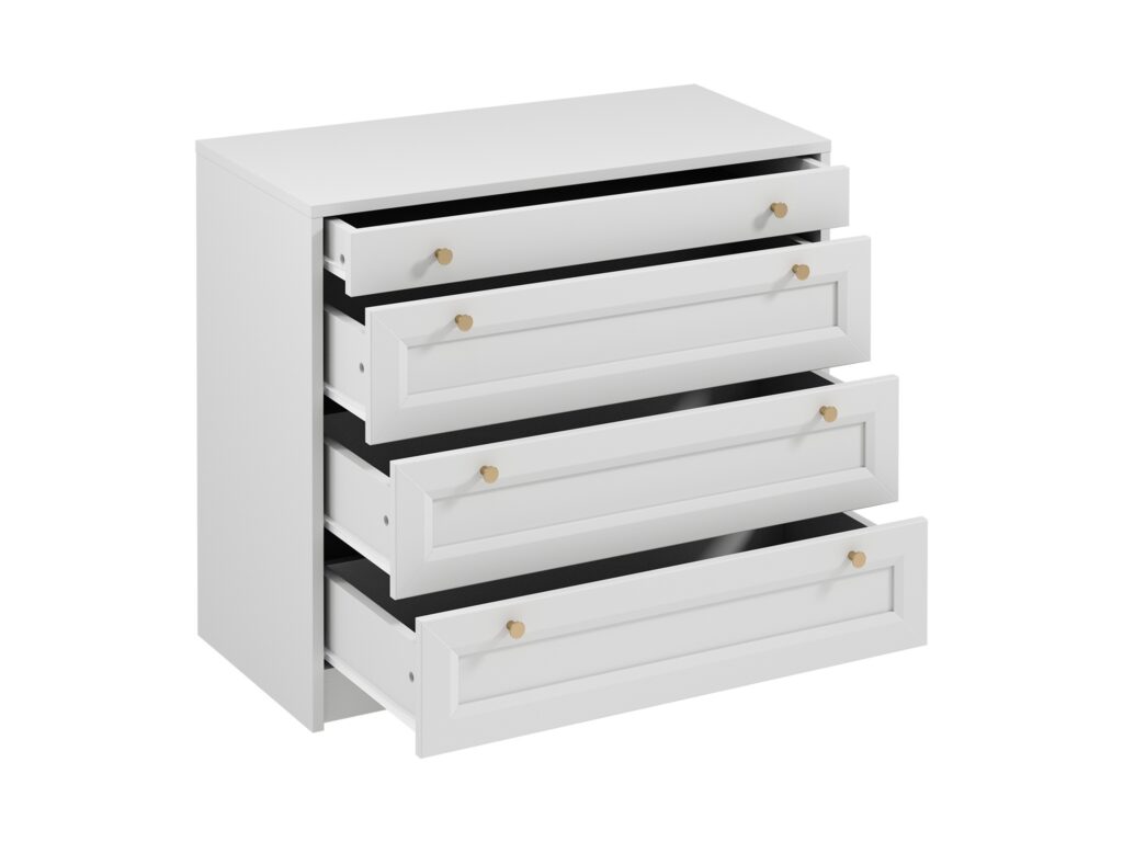 White Chest of Drawers Bedroom Storage Cabinet 4 Drawer 90cm Wide Compact Shaker Unit with Gold Handles - Rel