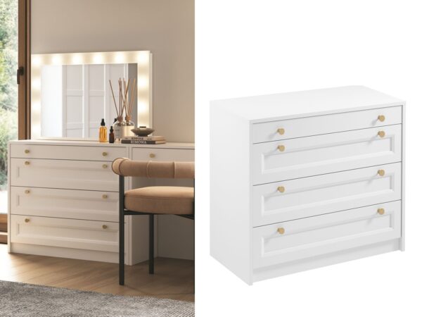wide chest of drawers white shaker compact with gold handles collage bedroom storage