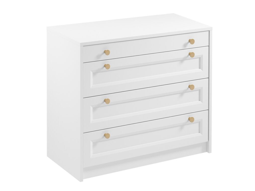 White Chest of Drawers Bedroom Storage Cabinet 4 Drawer 90cm Wide Compact Shaker Unit with Gold Handles - Rel