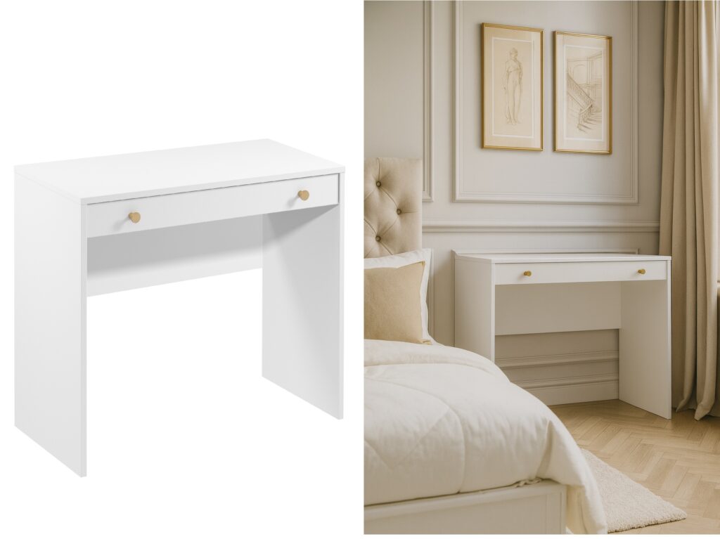 Narrow Dressing Table Small White Make Up Vanity Desk Slim Drawer Storage 90cm Compact Unit Gold Handles - Rel
