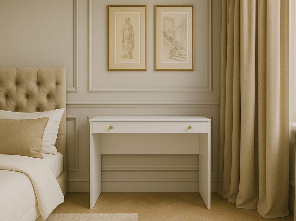 Narrow Dressing Table Small White Make Up Vanity Desk Slim Drawer Storage 90cm Compact Unit Gold Handles - Rel