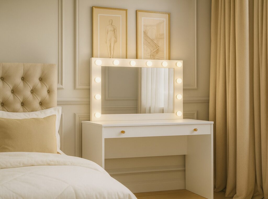 Narrow Dressing Table Small White Make Up Vanity Desk Slim Drawer Storage 90cm Compact Unit Gold Handles - Rel