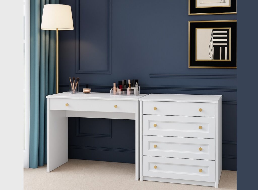 White Chest of Drawers Bedroom Storage Cabinet 4 Drawer 90cm Wide Compact Shaker Unit with Gold Handles - Rel