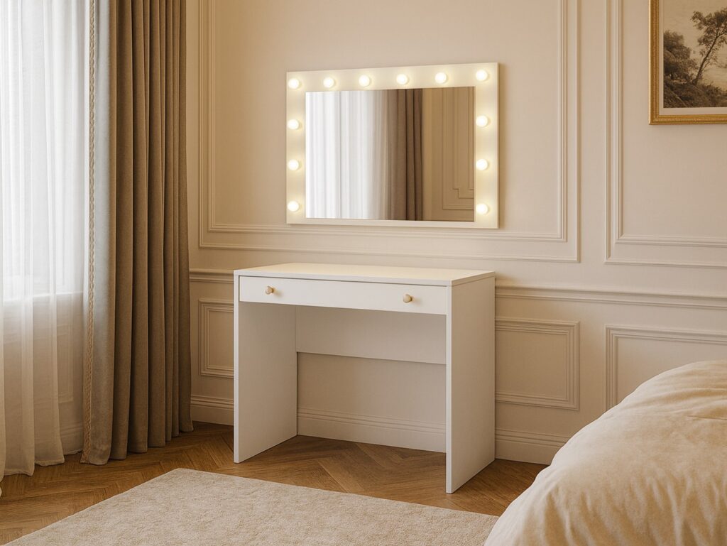 Narrow Dressing Table Small White Make Up Vanity Desk Slim Drawer Storage 90cm Compact Unit Gold Handles - Rel