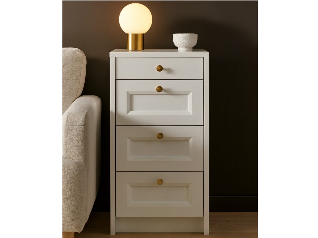 Narrow Chest of Drawers White Bedroom Storage Small Cabinet Slim Compact 40cm Shaker Unit Gold Handles - Rel