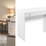 narrow dressing table white make up vanity with drawer storage brushed gold handles old money style