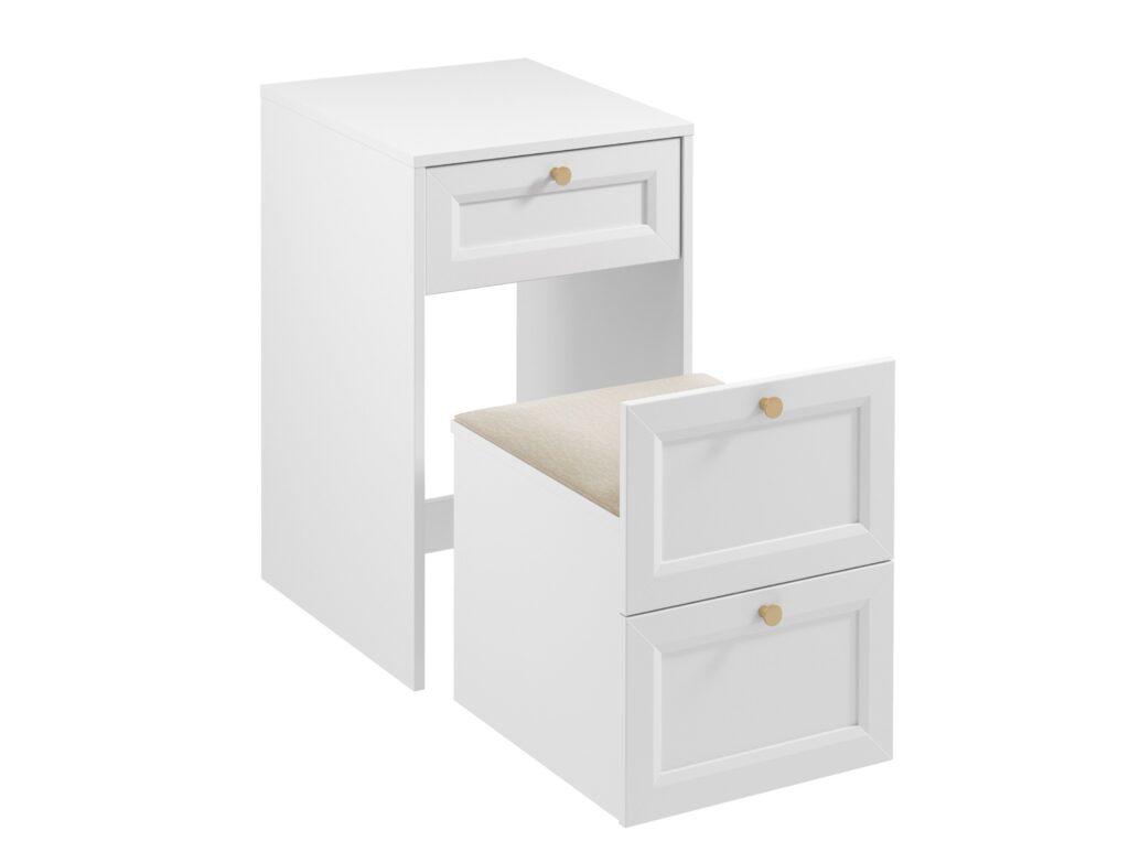 Narrow Dressing Table Stool with Storage Mirror Jewellery Box Small White Vanity Desk 50cm Unit Gold Handles - Rel