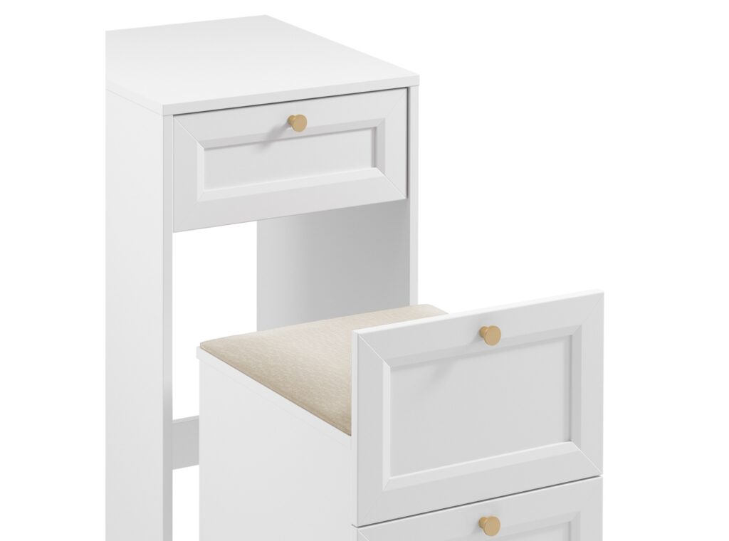Narrow Dressing Table Stool with Storage Mirror Jewellery Box Small White Vanity Desk 50cm Unit Gold Handles - Rel
