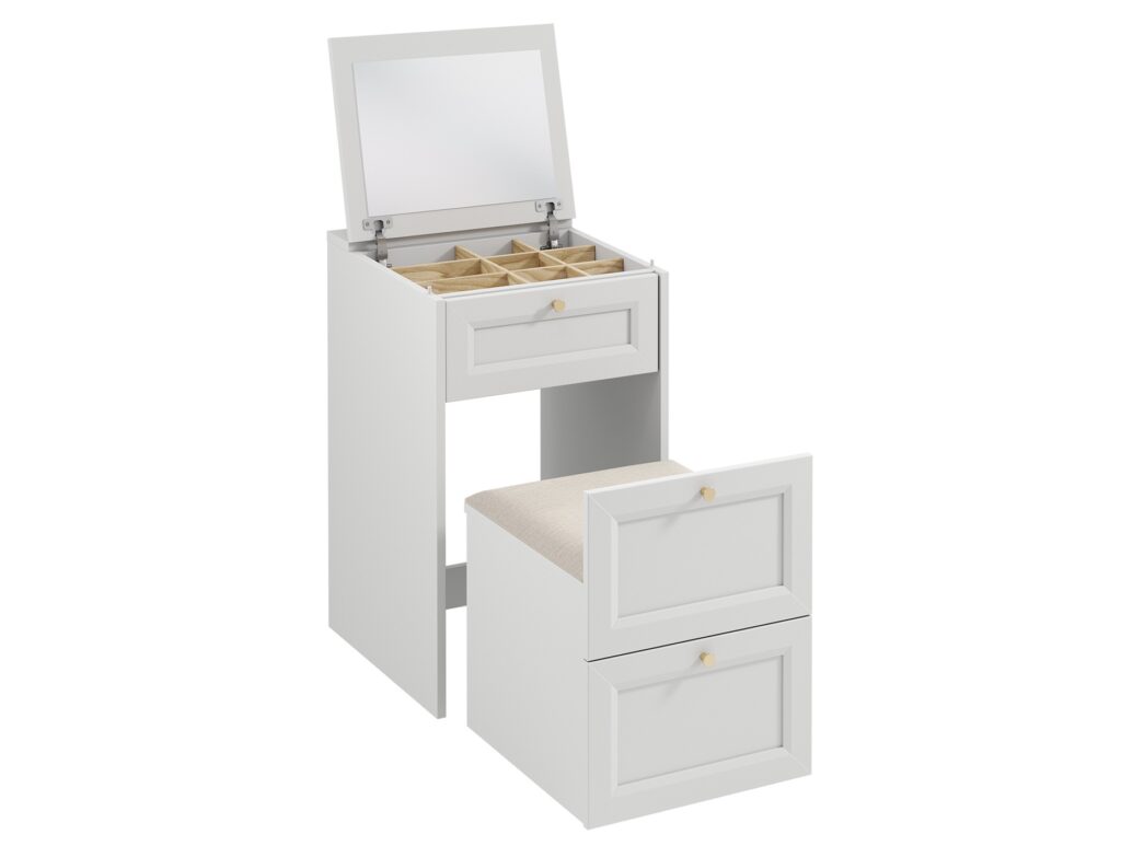 Narrow Dressing Table Stool with Storage Mirror Jewellery Box Small White Vanity Desk 50cm Unit Gold Handles - Rel