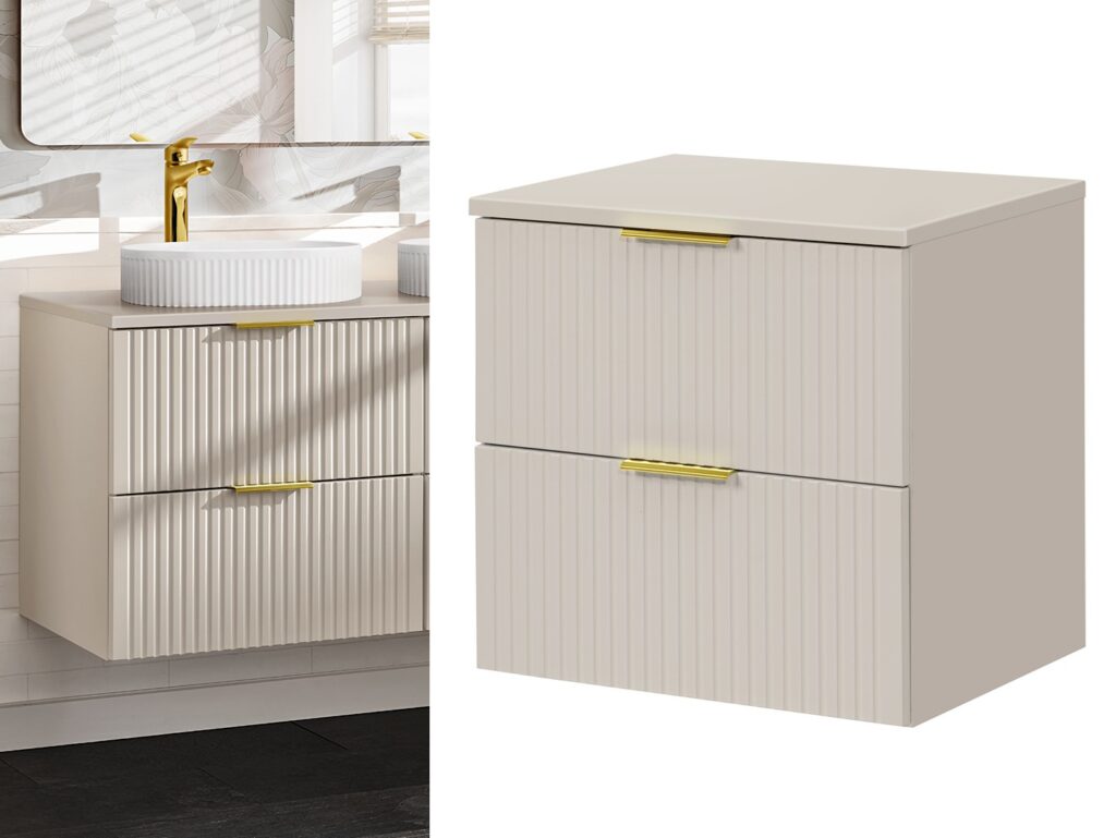 Bathroom Vanity Unit Countertop 600mm Ribbed Textured Cashmere Beige Wall Hung Floating Cabinet - Adel