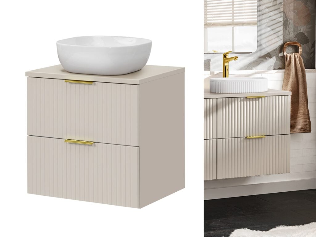Beige Bathroom Sink Cabinet Vanity Unit with Countertop Basin 600mm Fluted Cashmere Wall Hung Floating Drawers Adel