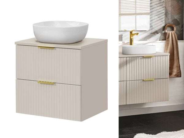 600mm vanity with worktop beige cabinet gold handle and hapi - no tap collage