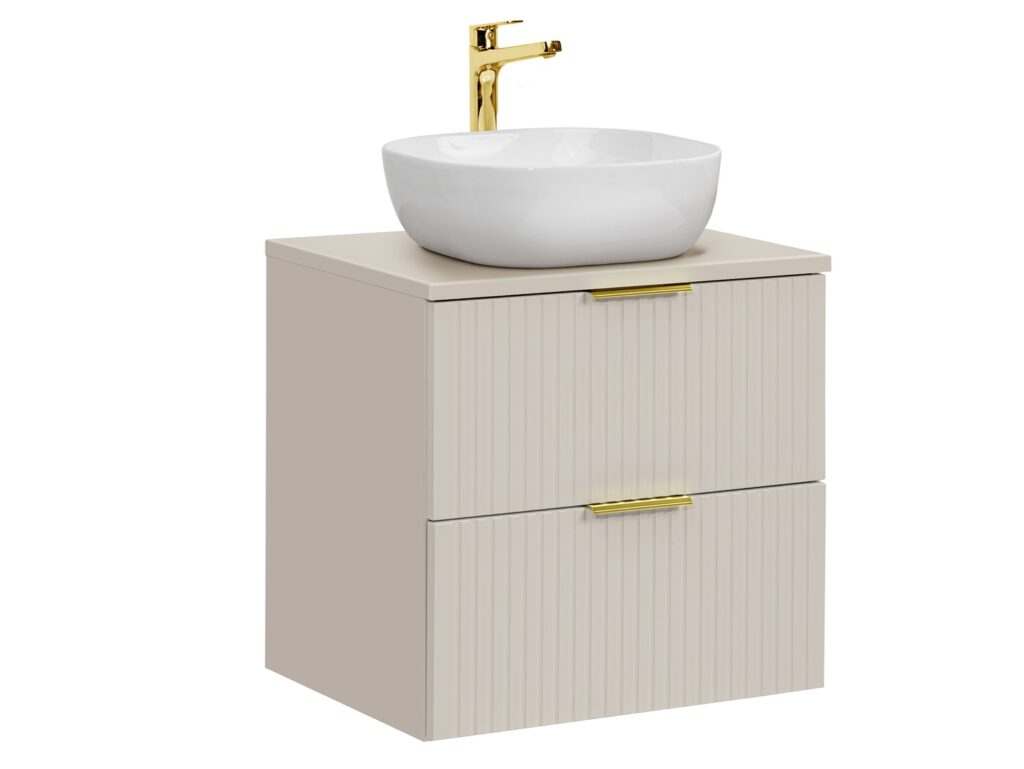 Beige Bathroom Sink Cabinet Vanity Unit with Countertop Basin 600mm Fluted Cashmere Wall Hung Floating Drawers Adel