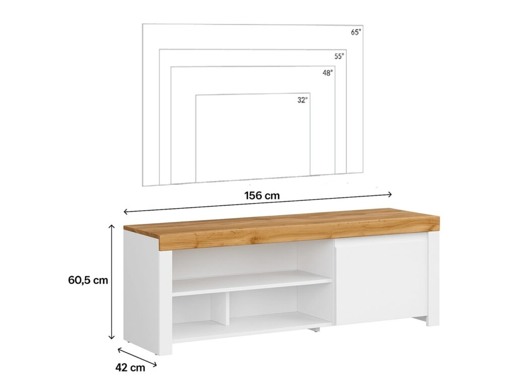 White TV Unit with Storage 156cm Stand Bedroom Living Room Unit 65 inch TV Cabinet White Gloss and Oak  - Holten