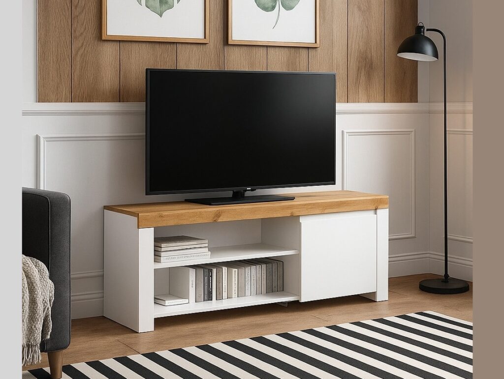 White TV Unit with Storage 156cm Stand Bedroom Living Room Unit 65 inch TV Cabinet White Gloss and Oak  - Holten