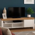 White Gloss and Oak TV Unit with Storage Cabinet Stand for up to 65 inch TV