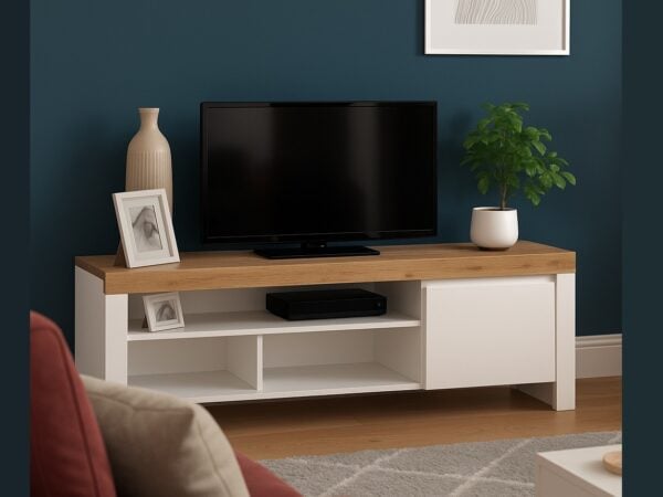 White Gloss and Oak TV Unit with Storage Cabinet Stand for up to 65 inch TV