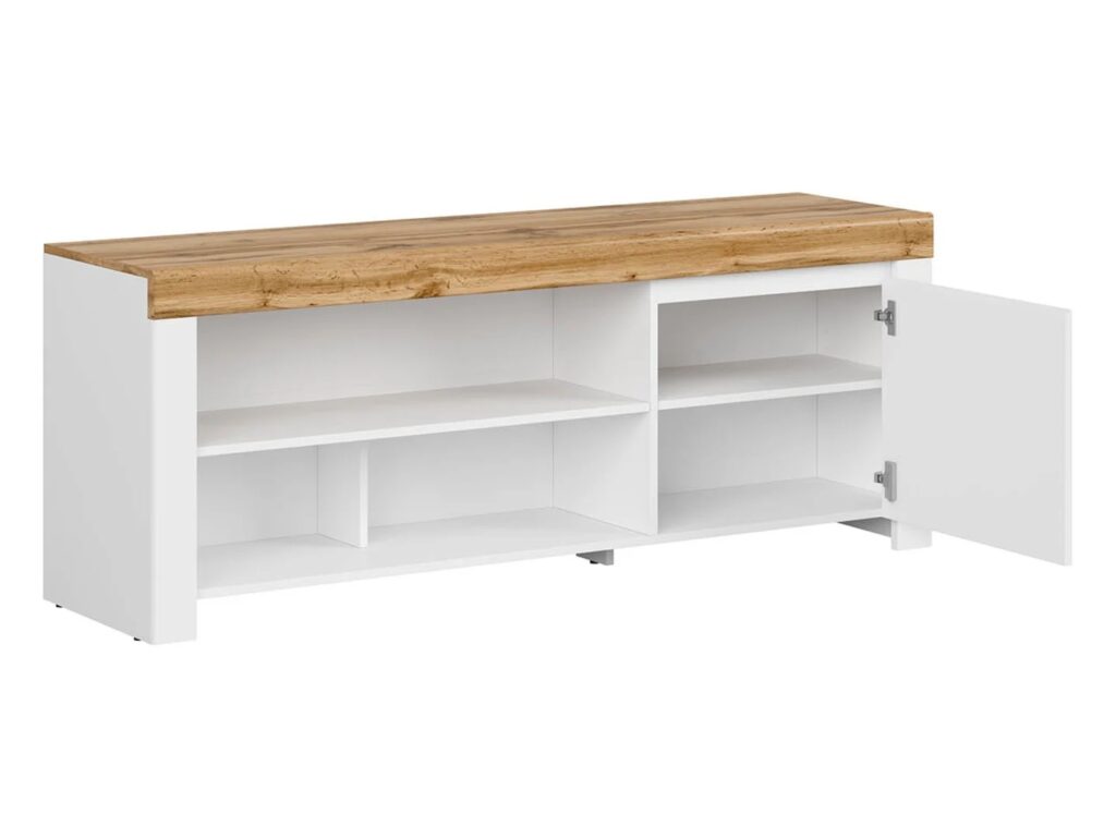 White TV Unit with Storage 156cm Stand Bedroom Living Room Unit 65 inch TV Cabinet White Gloss and Oak  - Holten