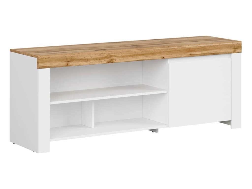 White TV Unit with Storage 156cm Stand Bedroom Living Room Unit 65 inch TV Cabinet White Gloss and Oak  - Holten