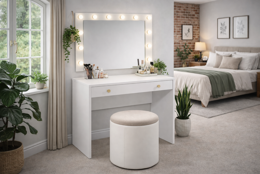 Narrow Dressing Table Small White Make Up Vanity Desk Slim Drawer Storage 90cm Compact Unit Gold Handles - Rel