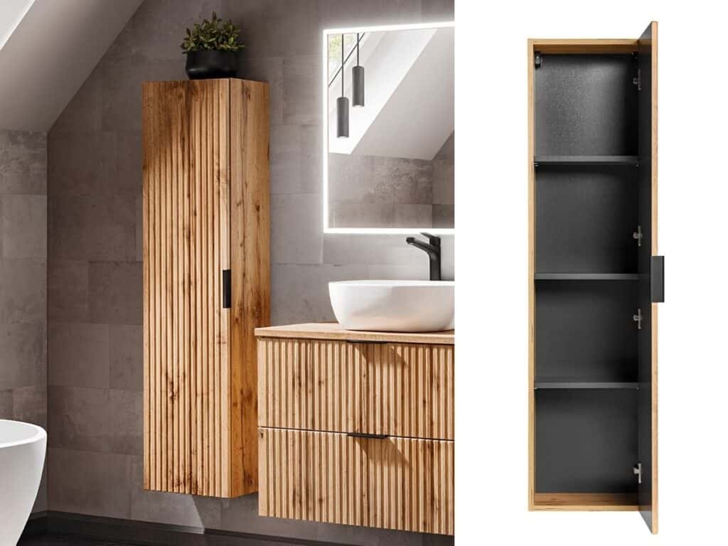 Tall Bathroom Cabinet Wall Hung Slim Storage Unit Floating Furniture Ribbed Fluted Oak Effect - Adel