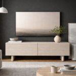 beige tv unit large tv cabinet stand for up to 65" TV modern fluted ribbed