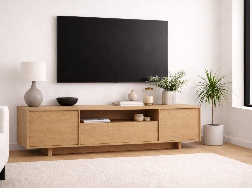 Extra Large TV Unit with Storage 200cm Wide Cabinet Modern Stand Washed Light Oak Handleless - Japandi