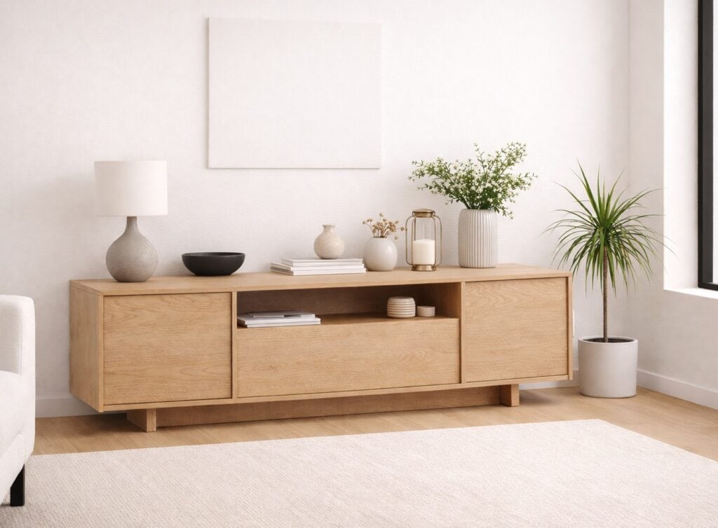 Extra Large TV Unit with Storage 200cm Wide Cabinet Modern Stand Washed Light Oak Handleless - Japandi