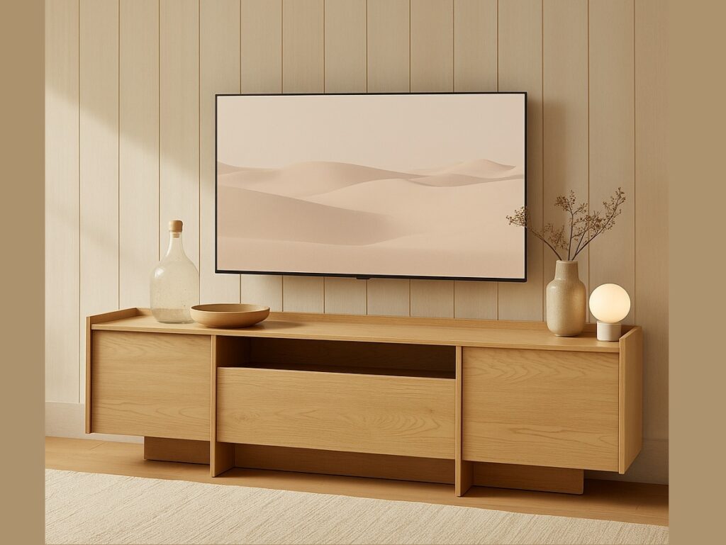 Large TV Stand Cabinet 200cm Wide Modern Storage Unit Washed Light Oak Handleless - Japandi
