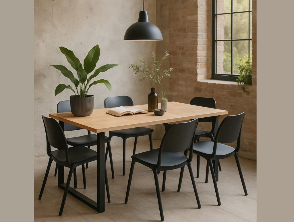 Industrial Dining Table 4 6 Seater Minimalist Compact Small Kitchen Table Black Metal Legs Slim Oak Top - Loft