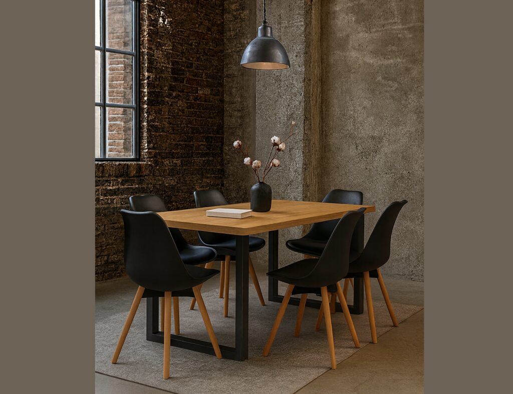 Industrial Dining Table 4 6 Seater Minimalist Compact Small Kitchen Table Black Metal Legs Slim Oak Top - Loft