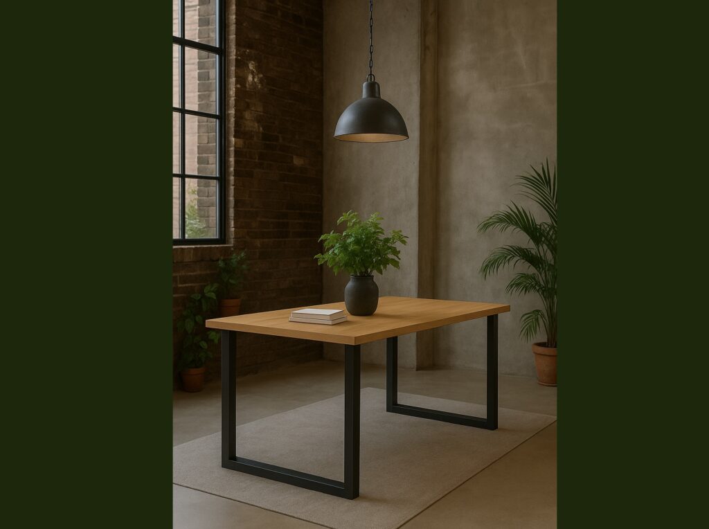 Industrial Dining Table 4 6 Seater Minimalist Compact Small Kitchen Table Black Metal Legs Slim Oak Top - Loft