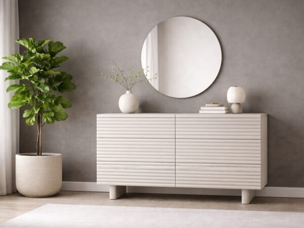 large beige sideboard cabinet 6 drawer chest of drawer fluted ribbed modern storage